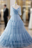 Blue Tulle Spaghetti Straps Pleats Prom Dress