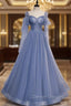 Blue Tulle Square Long Sleeve Beading Prom Dress