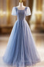 Blue Tulle Square Neck Puff Sleeve Prom Dress