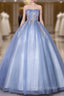 Blue Tulle Strapless Appliques Quinceanera Dress