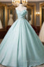 Blue Tulle Strapless Pleats Beading Prom Dress