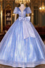 Blue Tulle Suquins Puff Sleeve Quinceanera Dress