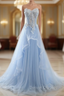 Blue Tulle Sweetheart Appliques Beading Prom Dress