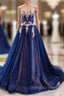 Blue Tulle Sweetheart White Appliques Prom Dress With Train