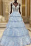 Blue Tulle Tiers Appliques Sequins Prom Dress
