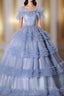 Blue Tulle Tiers Off the Shoulder Quinceanera Dress