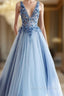 Blue Tulle V-neck Appliques Beading Prom Dress