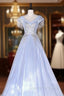 Blue Tulle V-neck Appliques Quinceanera Dress