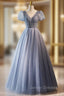Blue Tulle V-neck Puff Sleeve Beading Prom Dress