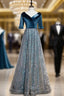 Blue Tulle V-neck Short Sleeve Sequins Prom Dress
