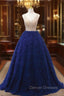 Blue Tulle V-neck Tiers Beading Prom Dress