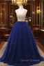 Blue Tulle V-neck Tiers Beading Prom Dress