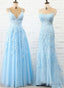 Blue Tulle With Lace Straps Long Evening Dress, Blue Prom Dress