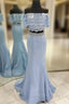 Blue Two-Piece Off-the-Shoulder Lace Mermaid Long Prom Dress