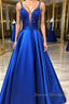 Blue v neck beads satin long prom Dress, blue evening Dress