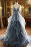 Blue V-neck Lace Appliques Tulle Spaghetti Straps Prom Dress