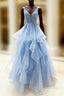 Blue V-Neck Lace Long Prom Dress, Blue Tulle Layers Formal Evening Dress