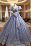 Blue V-Neck Shiny Tulle Long Prom Dress, A-Line Short Sleeve Formal Dress