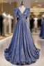 Blue V-neck Starry Gradient Cloth Short Sleeve Prom Dress