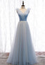 Blue V-Neck Tulle Long Prom Dresses, A-Line Evening Dresses