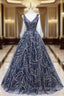 Blue V-neckline Lace Tulle Floor Length Party Dress, Blue Prom Dress Formal Dress