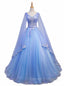 Blue V-neckline Prom Dress with Long Sleeves, Lace Applique Party Dress For Teen