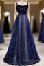 Blue Velvet Tulle Long Prom Dress, Beautiful A-Line Evening Party Dress