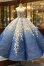Blue White Ball Gown 3D Flower Cap Sleeve Haute Couture Prom Dress