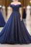 Dark Blue Shining Tulle Long Prom Dress, Evening Dress