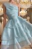 Elegant Blue A-line One Shoulder Mini Short Prom Homecoming Dress