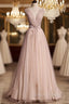 Blush Pink A-Line V-Neck Glitter Tulle With Beaded Long Prom Dress Adult Ceremony Evening Dress