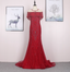 Bright Red Mermaid Crew Neck Beaded Tulle Train Prom Dress Evening Dress