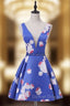 Brilliant Blue Print Homecoming Dress With Plunge V Neckline