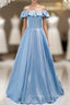 Brilliant Blue Satin Off the Shoulder Prom Dress