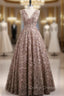 Brown A line Lace V Neckline Long Long Prom Dress