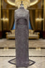 Brown Beading Prom Dress Sweep Train High Neck Zipper Sleeveless Evening Dress