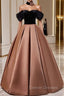 Brown Satin And Black Velvet Prom Dress, Off Shoulder A-Line Party Dress