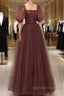 Brown Tulle Floor Length Prom Dress, A-Line Short Sleeve Evening Party Dress
