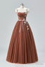 Brown Tulle Lace Long Prom Dress, Beautiful A-Line Spaghetti Strap Evening Party Dress
