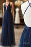 Simple Tulle Blue Long Prom Dress, A Line Backless Evening Dress