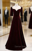 Burgudny Velvet Square Short Sleeve Pleats Prom Dress