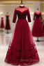 Burgund Tulle Velvet Half Sleeve Beading Prom Dress