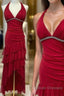 Burgundy A-Line Halter V Neck Chiffon Backless Prom Dress,Bridesmaid Dress With Ankle Length