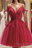 Burgundy A-Line Tulle Lace Short Prom Dress, Burgundy Homecoming Dress
