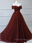 Burgundy A line Tulle Long Prom Dress, Burgundy Long Bridesmaid Dress