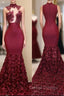 Burgundy Gold Appliques Long Sleevess Side Slit Open Back Mermaid Prom Dress
