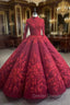 Burgundy High Neck Long Sleeve Appliques Prom Dress