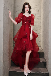 Burgundy Lace High Low Prom Dress, A-Line 1/2 Sleeve Evening Party Dress