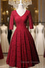 Burgundy Lace Short Sleeve V-neck Short Prom Dress