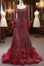 Burgundy Long Sleeve Square Beading Prom Dress